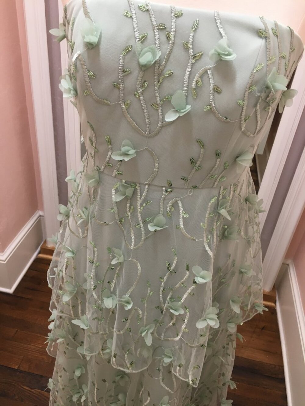 Dessy Green Strapless 3D Embroidered Floral Bridesmaid Formal Tiered Ruffle - Picture 6 of 9